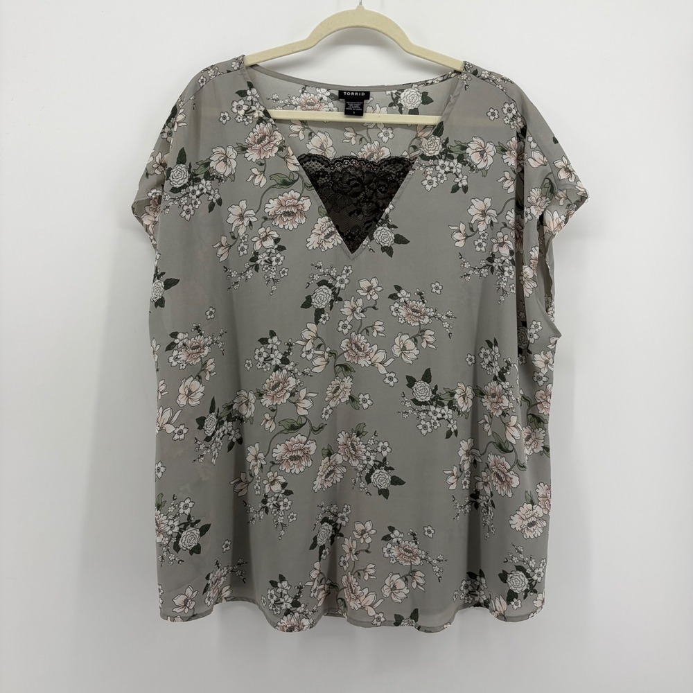 Torrid Womens 1 Gray Floral Blouse Lace V-Neck Chiffon Short Sleeve Top